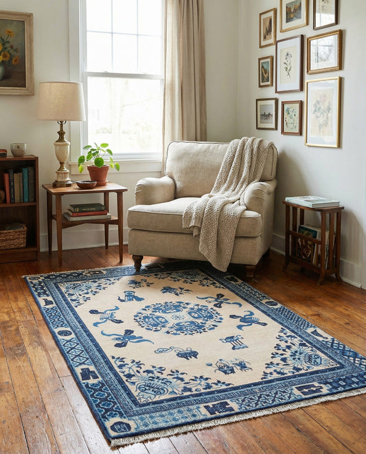 5' x 7' Ivory and Blue Area Rug