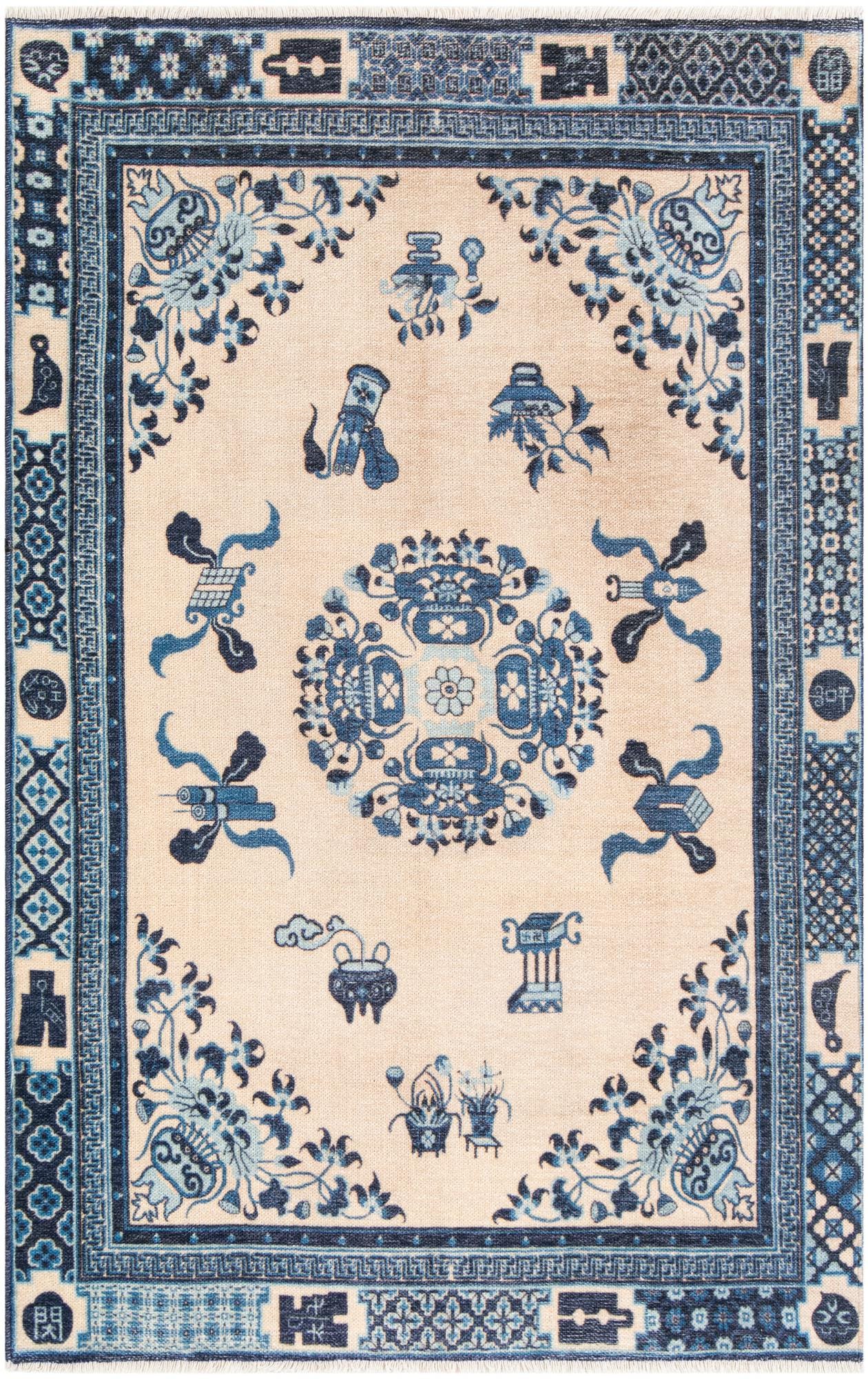 5' x 7' Ivory and Blue Area Rug