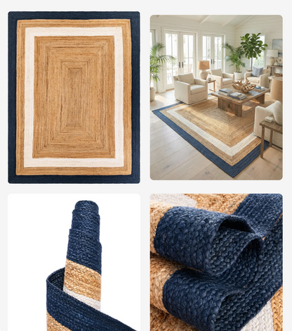 Navy & Natural Hand-Braided Rug — 9' × 12'